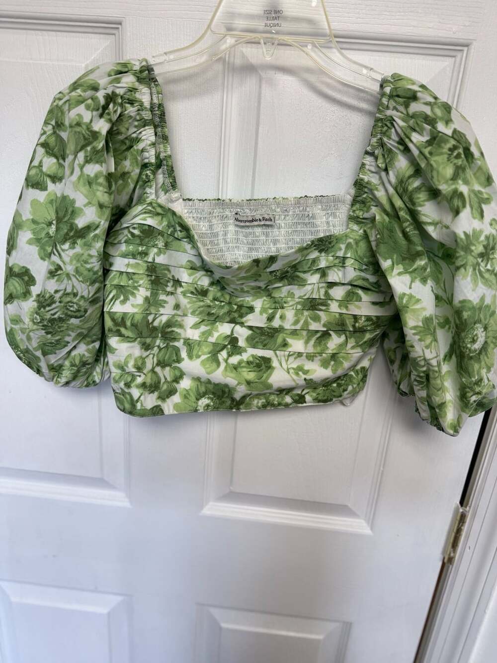 Abercrombie & Fitch Green Floral Puff Sleeve Square Neck Crop Top
